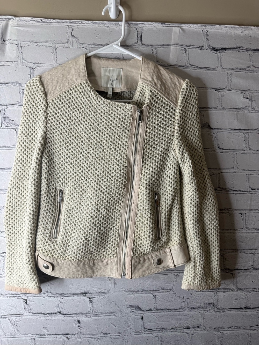 Joie Janelle Cream Textured Knit Moto Jacket